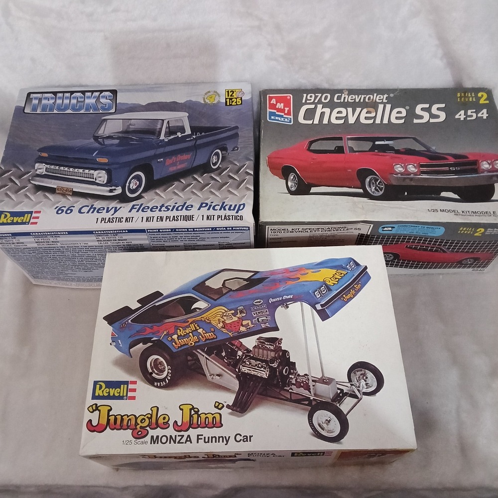 Lot 3 Revell AMT 1:25 Model Kits 66 Chevy Pickup 70 Chevelle SS Jungle Jim Monza